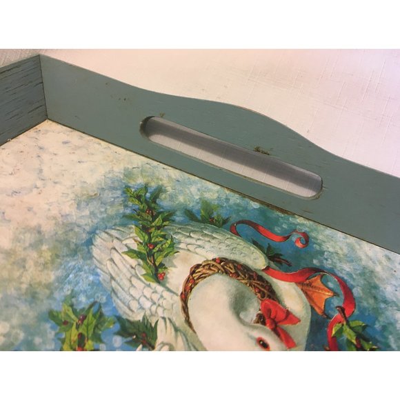 Painted Wood Serving Tray Blue Handles Ducks Goose Geese Wreaths Ribbons VTG 80s - Picture 3 of 12